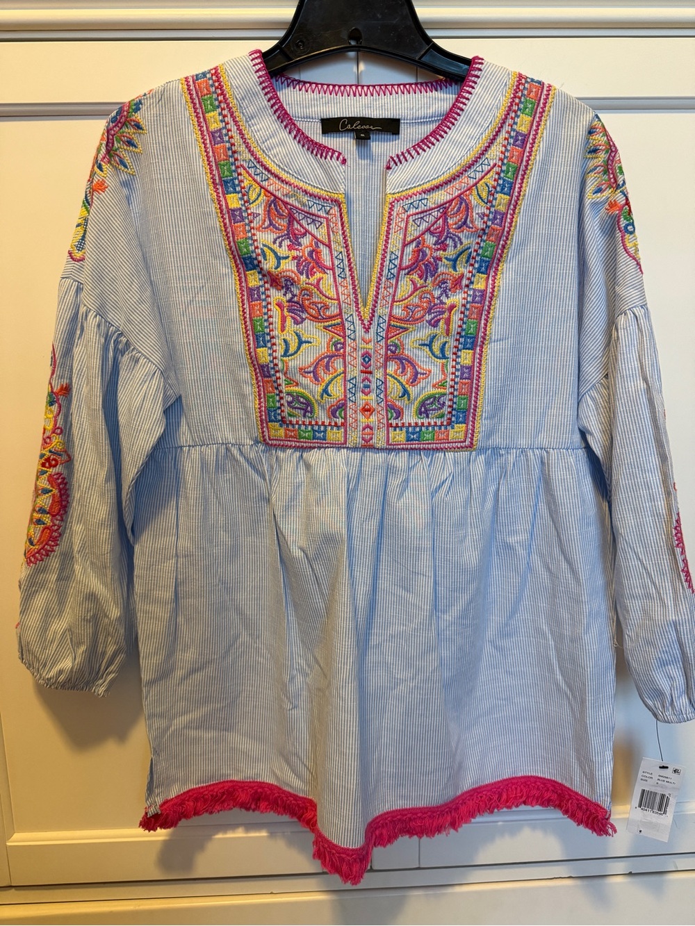 Calessa-Striped Embroidered Peasant Tunic with Pink Fringe- NWT S